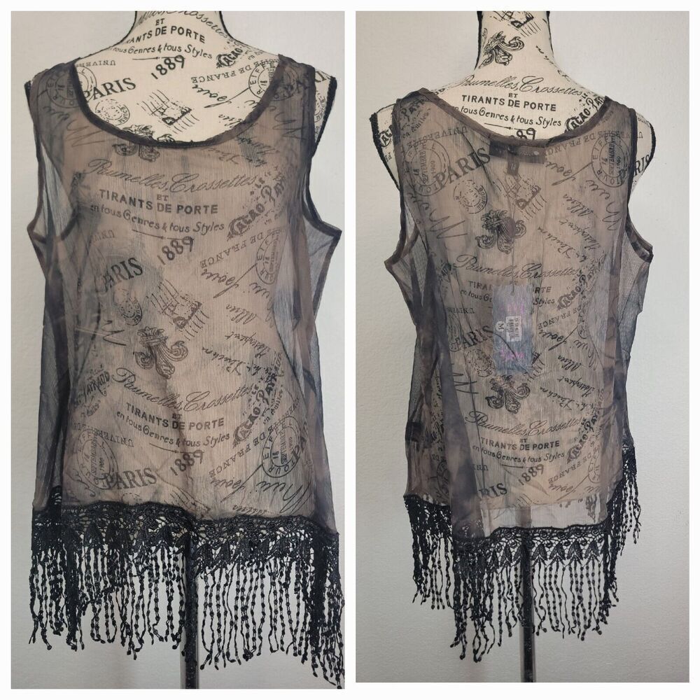 Pretty Angel Cami Tank M Silk Sheer Printed Fringe Artsy Whimsygoth Fairy Grunge